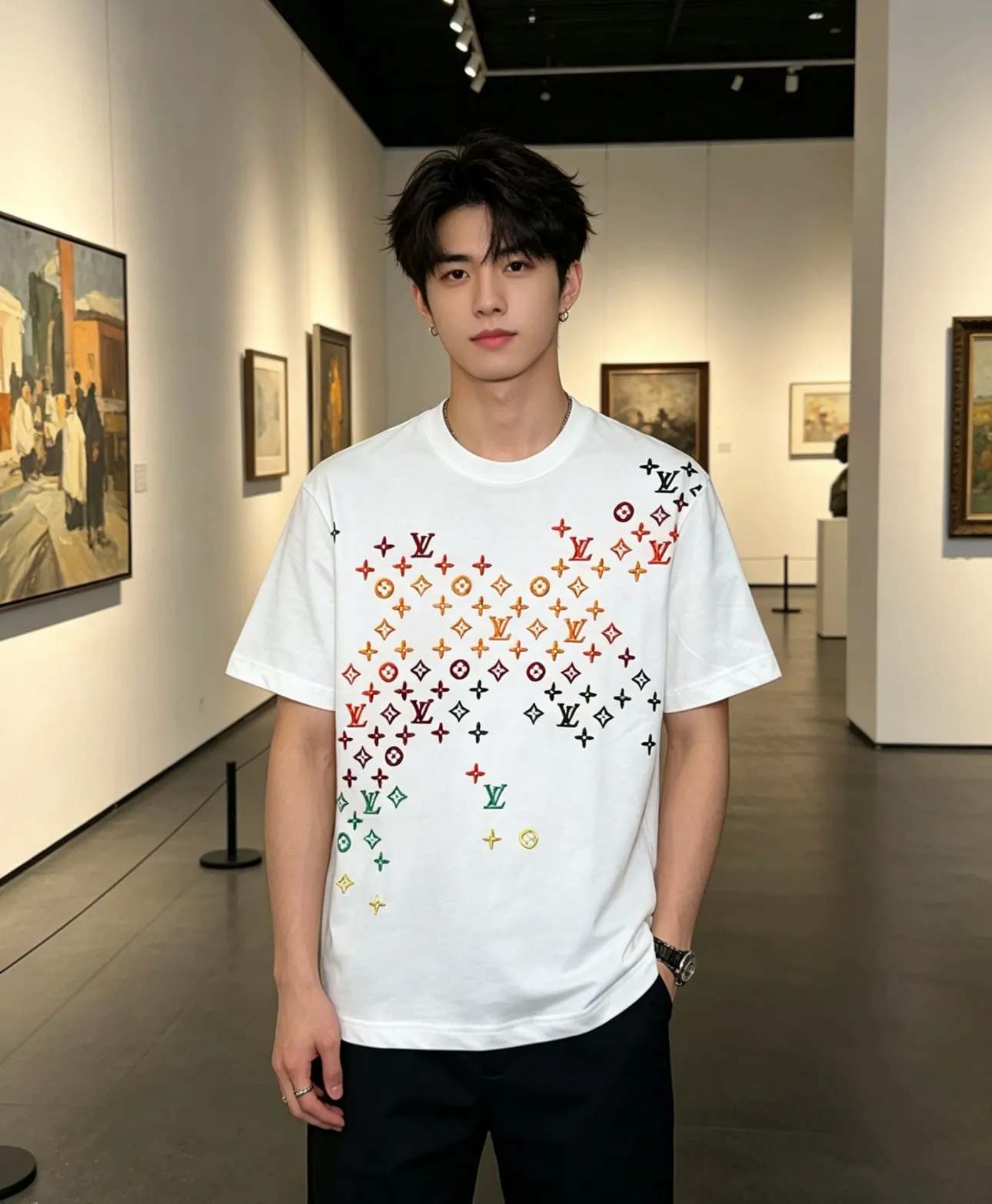 Louis Vuitton/Louis Vuitton full-width three-flower printed embroidered short sleeves